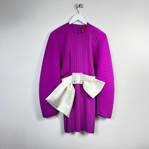 Solace London Tanzy Fuchsia Pleated White Bow Long Sleeve Mini Cocktail Dress - Picture 11 of 16
